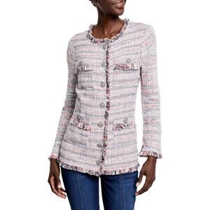 NIC + ZOE Plaid Fringe Tweed Blazer Jacket White Gray Long Sleeve Women's M